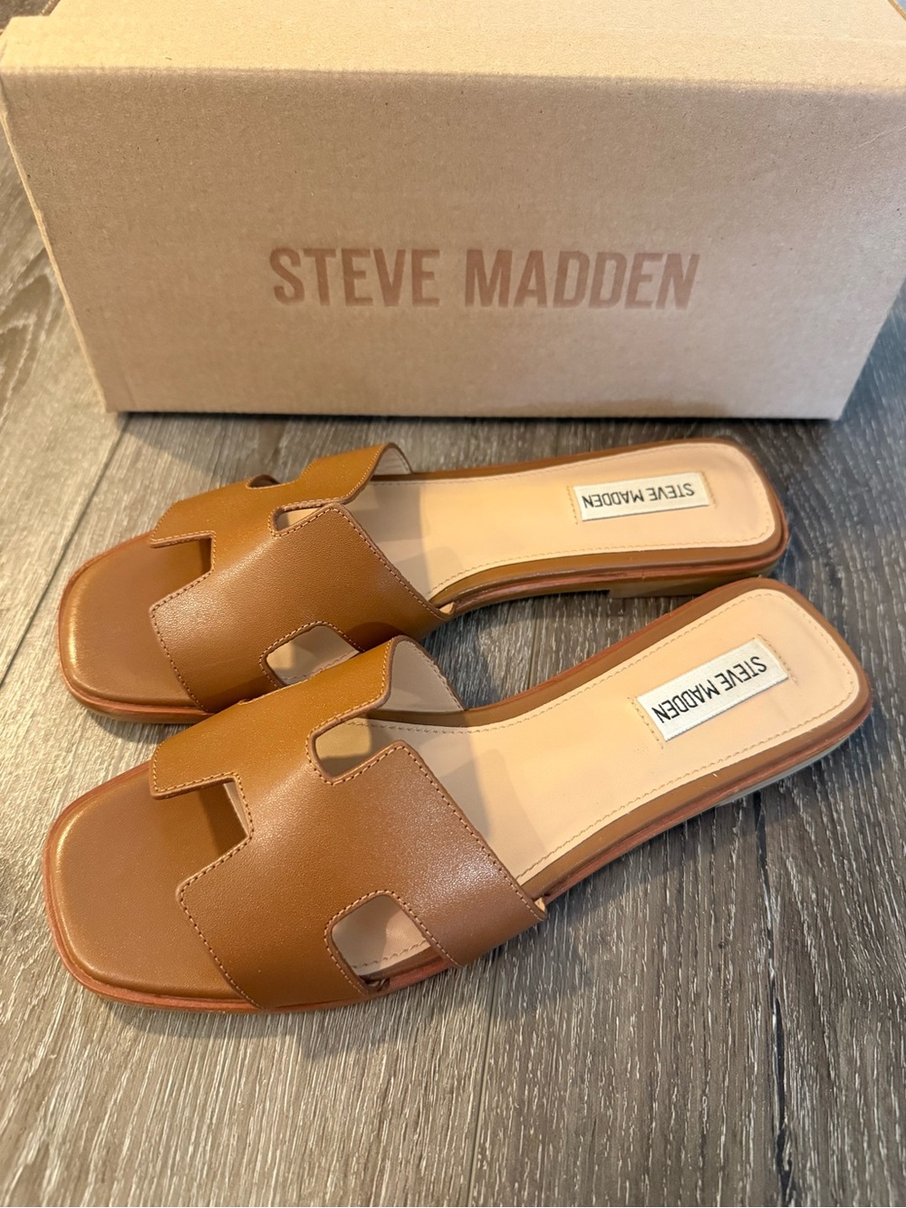 Steve Madden Hadyn Cognac Leather Slide Sandals Size 9 - Picture 3 of 6